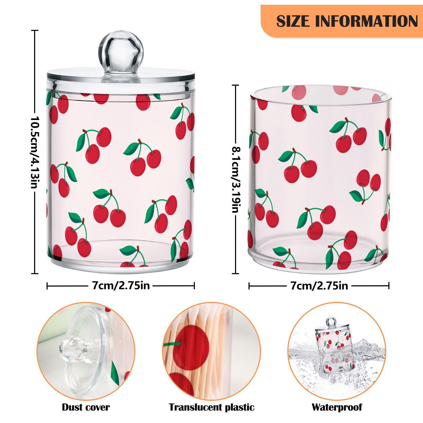Cherry Print - Dispensador de 2 soportes para hisopos de algodón, bolas de algodón, almohadillas, hilo dental, juego de tarros de boticario de plástico de 10 onzas con tapa, organizador de