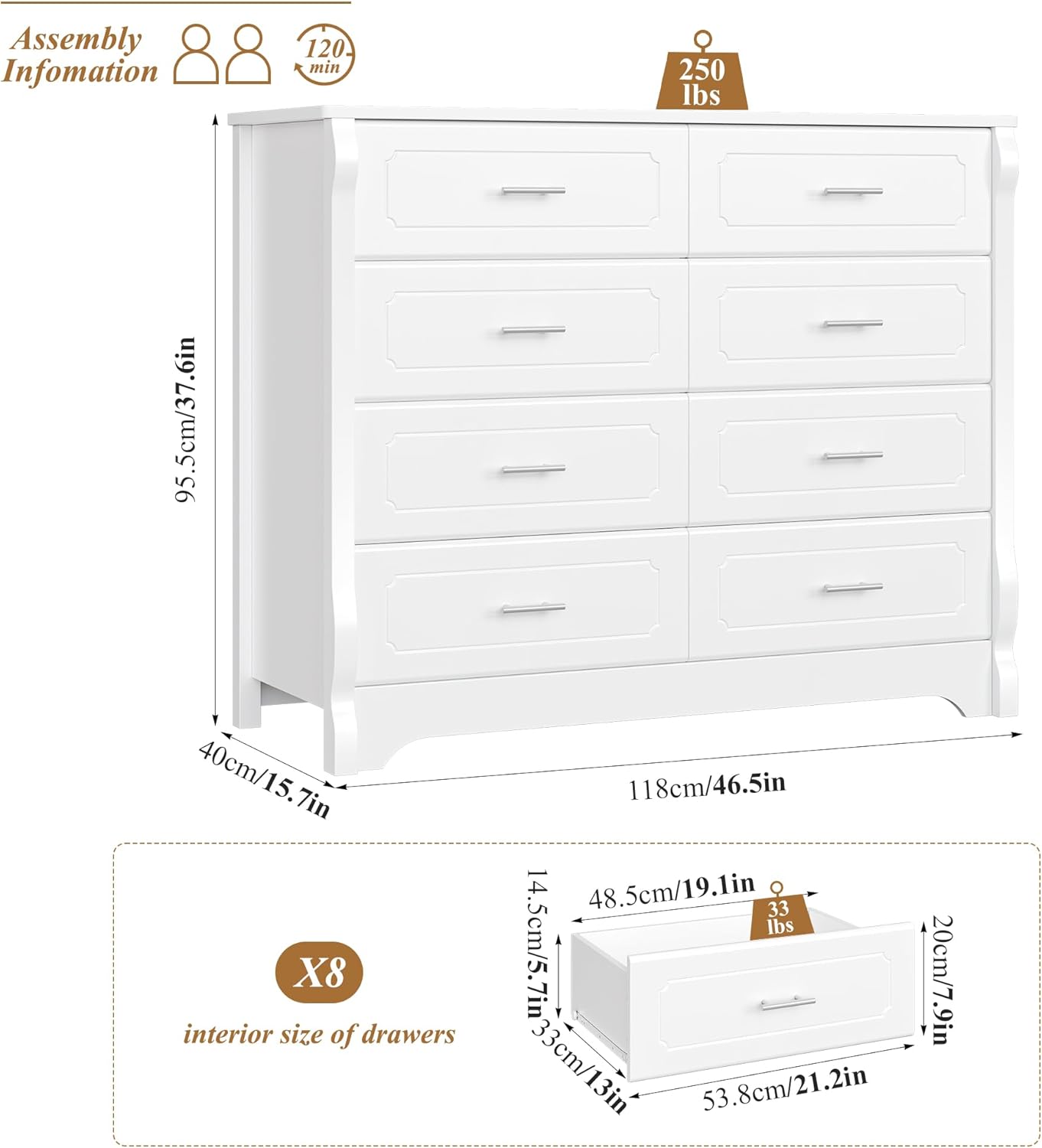 Diagram showing dimensions and assembly information for the dresser