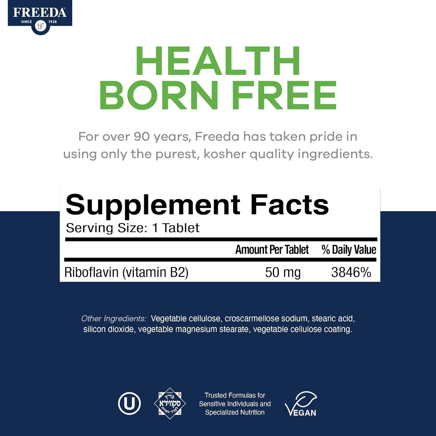 FREEDA Riboflavin Vitamin B2 Tablets – 50mg – Optimized Dose for Energy & Nervous System Support – Kosher, Vegan, GF B2 Vitamins Supplement – VIT B 2 for Brain & Metabolism (100 Ct) - Image 3