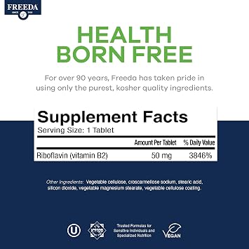 FREEDA Riboflavin Vitamin B2 Tablets 50mg Optimized Dose for Energy & Nervous System Support Kosher, Vegan, GF B2 Vitamins Supplement VIT B 2 for Brain & Metabolism (100 Ct)