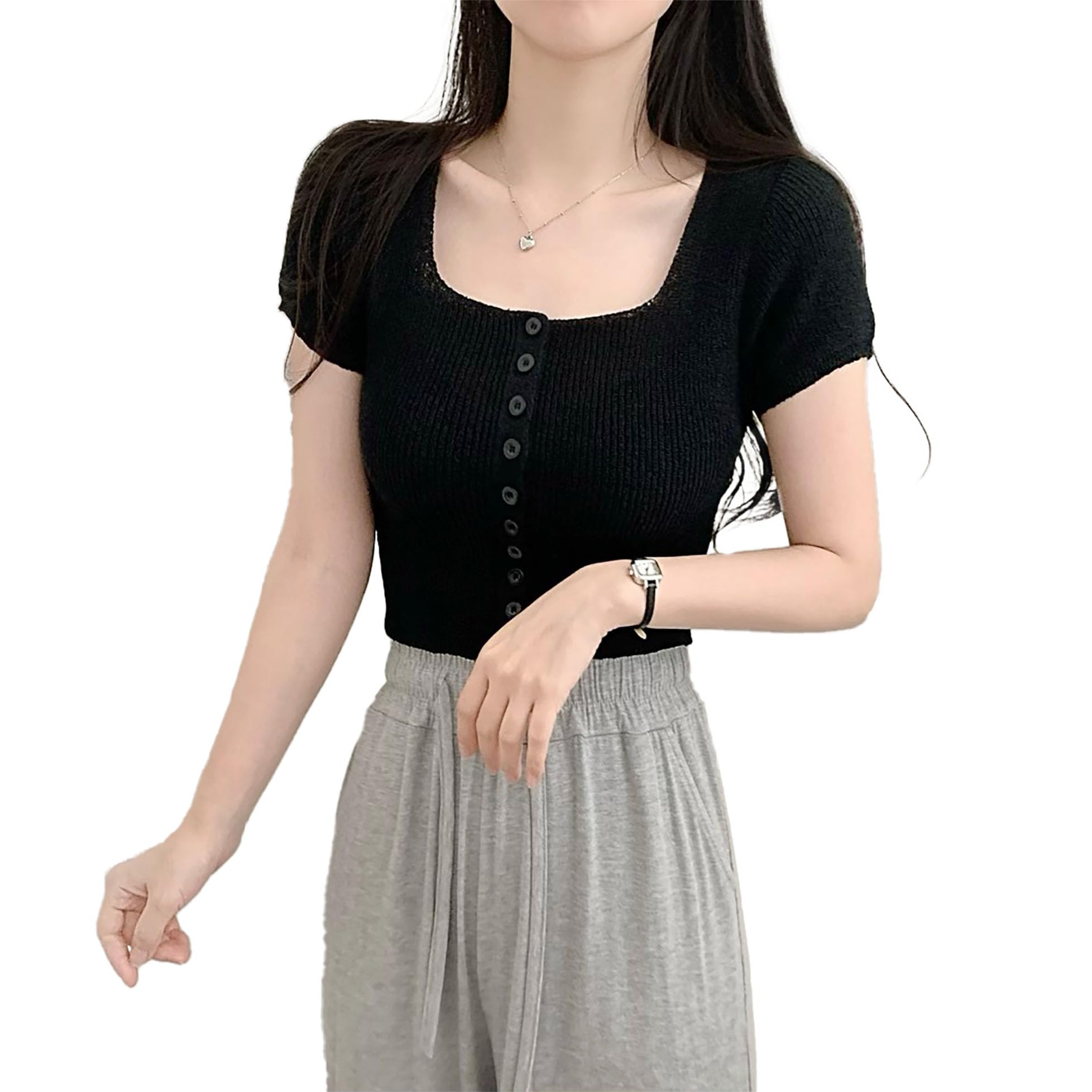 Women's Knitted Ribbed Hollow Out Button-Up Self Design Square Neck Short Sleeve Crop Top T-Shirt DN593