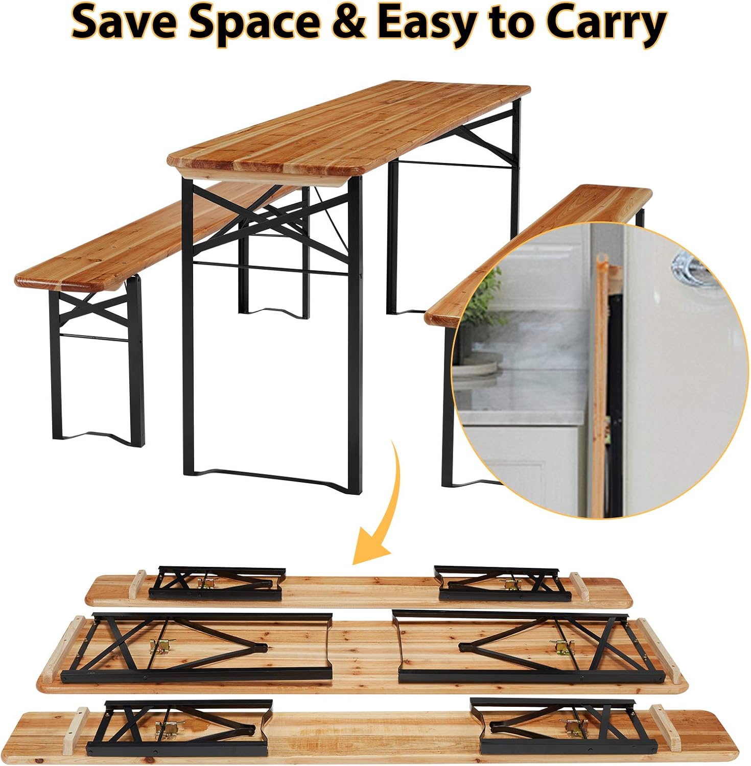 AVAWING 70" 3-Piece Portable Picnic Table Bench Set, 5.8FT 6-8 Persons Wooden Dining Table Set for Patio Outdoor Activities Garden BBQs Parties Camping