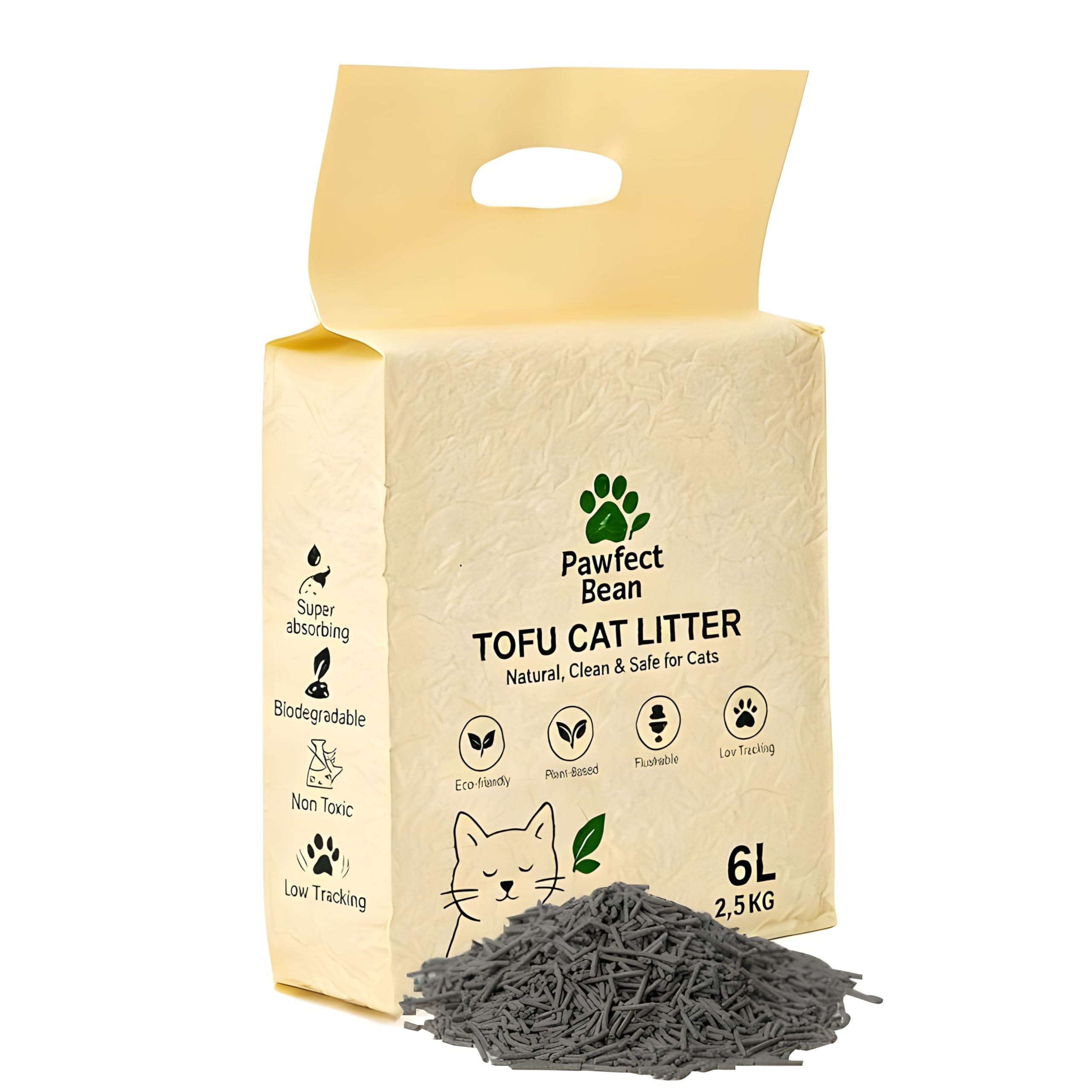 Pawfect Bean Premium Tofu Cat Litter – Charcoal Infused, 100% Plant-Based, Superior Odour Control, Dust-Free & Low Tracking, Rapid Clumping, Ultra Absorbent, Biodegradable & Flushable (6L/2.5kg)