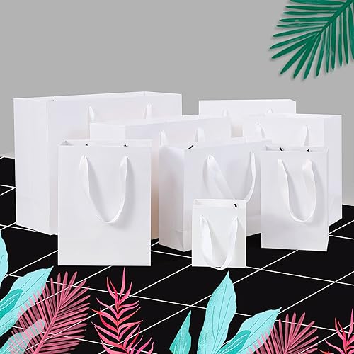 Miniatura 7 de HUAPRINT Bolsa de regalo blanca, paquete de 12 bolsas de compras blancas con asas de cinta, 10.6 x 8.3 x 3.1 pulgadas, bolsas de regalo para