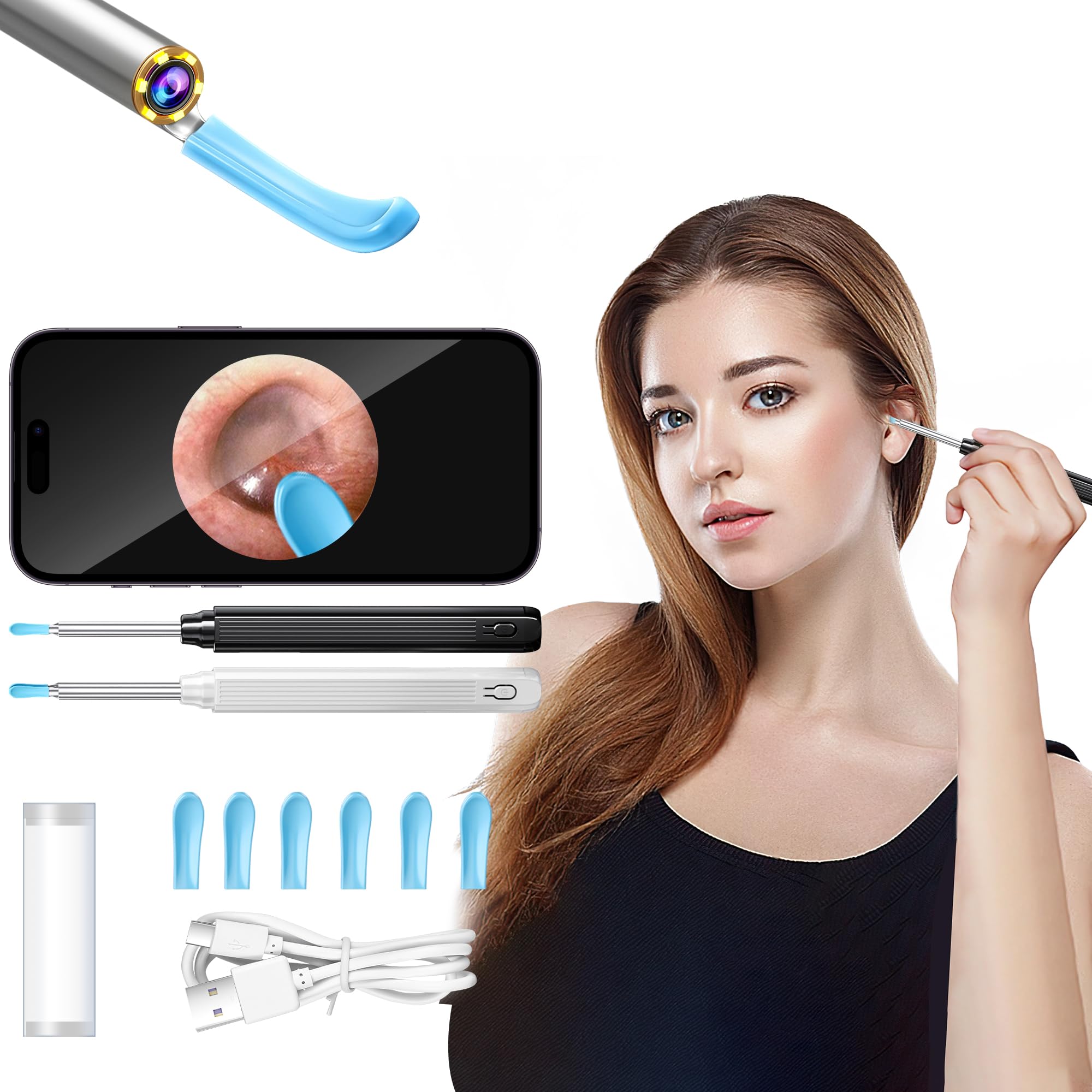 Ear Wax Removal Tool - Ear Camera with 360° Visual Ear Cleaning Kit - 6 Silicone Covers - Ear Wax Removal Kit - Ear Wax Cleaner Earwax Removal Kit Black