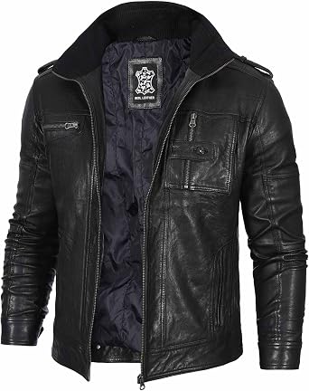 Decrum Mens Cafe Racer Style Real Lambskin Leather Jacket with Zip Closure