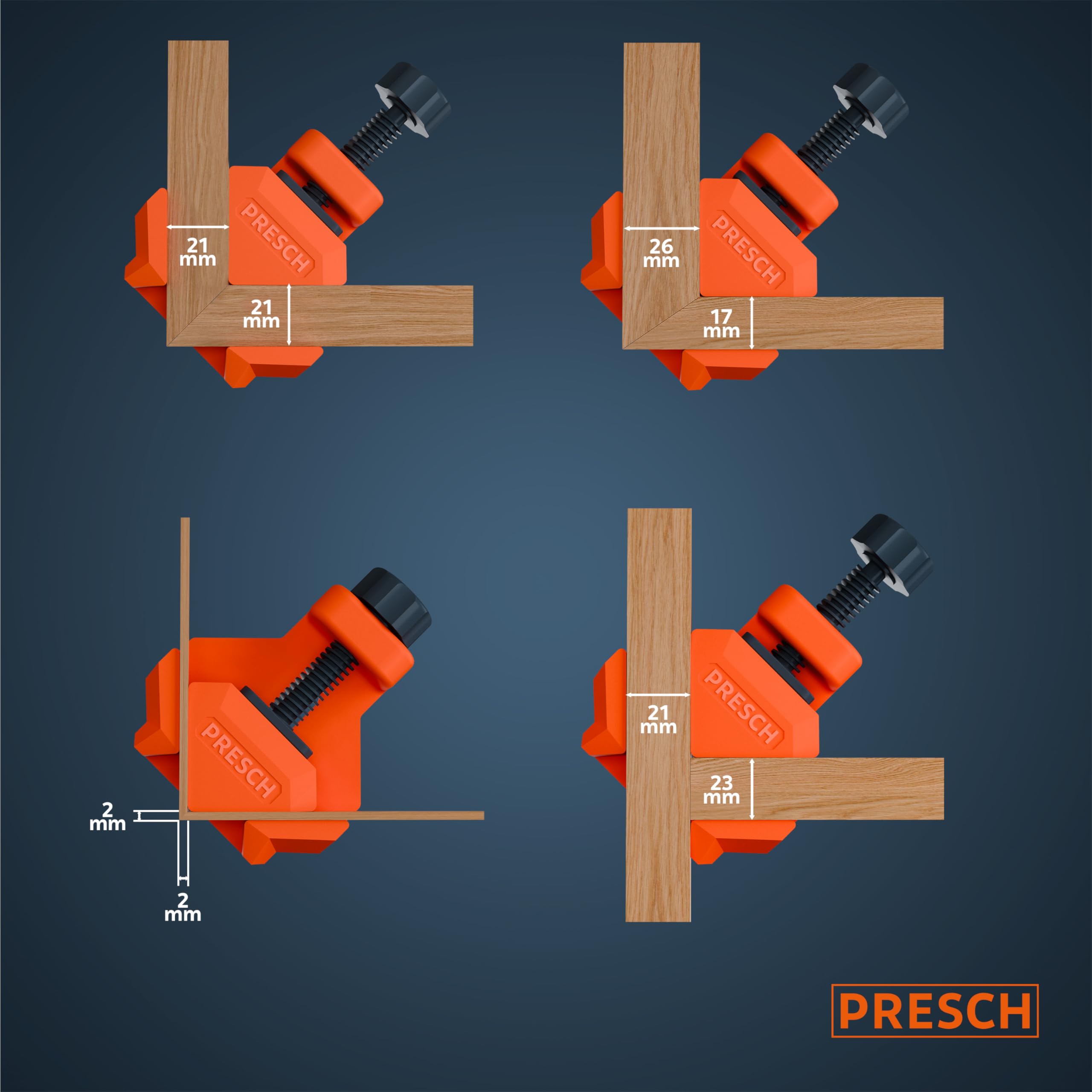 Presch Serre joint angle 4 pcs - Presse d'angle pour épaisseur de panneaux jusqu'à 26 mm - Force de serrage de 25 kg pour le collage - Pince à angle droit en plastique renforcé de fibres de verre