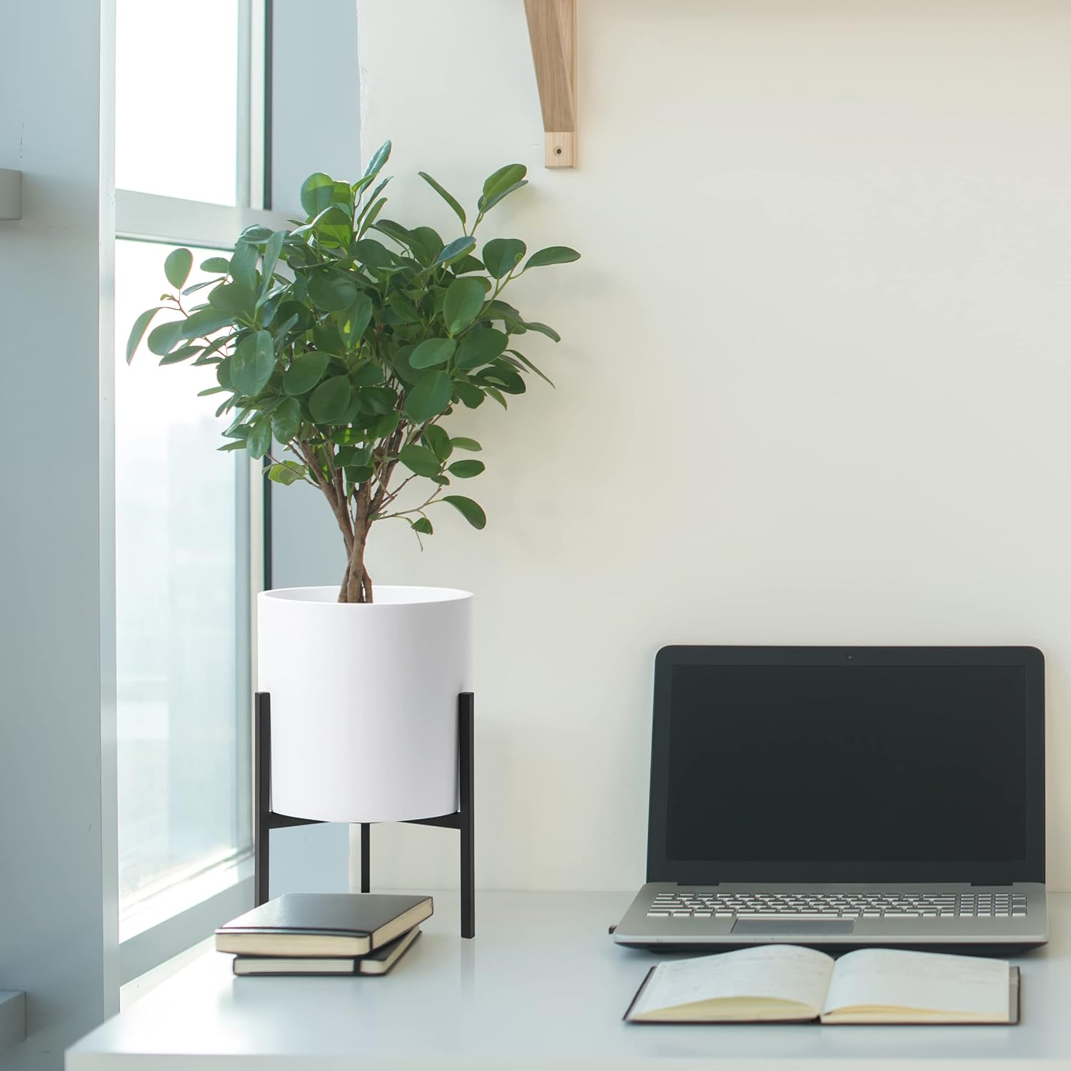 D'vine Dev Mid Century Fiberglass Resin Planter Pot with Iron Stand, 8 inch, Matte White, 96-A-1-S