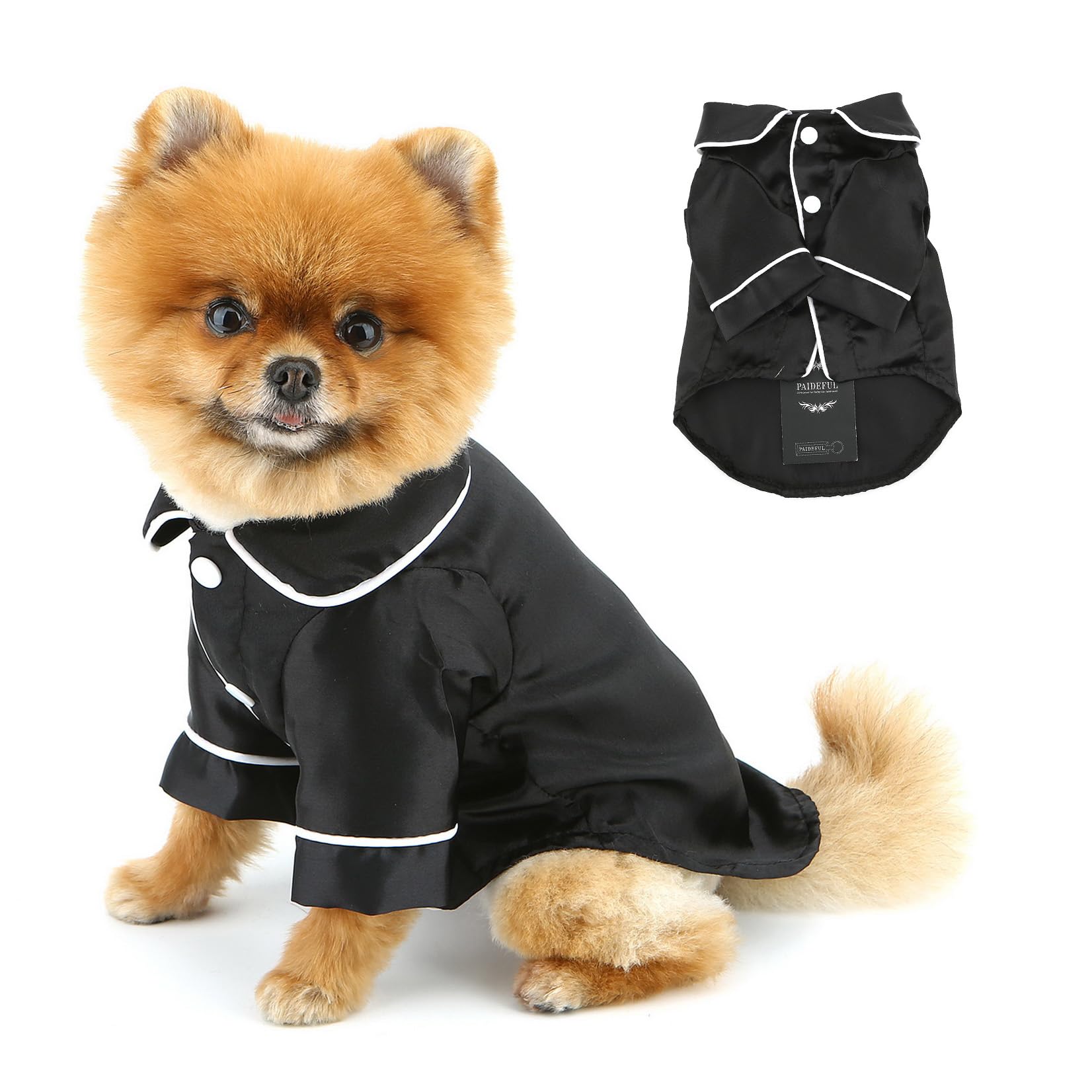 PAIDEFUL Soft Faux Silk Sleepwear for Small Dogs Cats Lapel Doggie Loungewear Lightweight Breathable Puppy Pajamas PJS Two-Legged Pet Shirt Clothes Summer Spring Chihuahua Apparel Button Up,Black,S