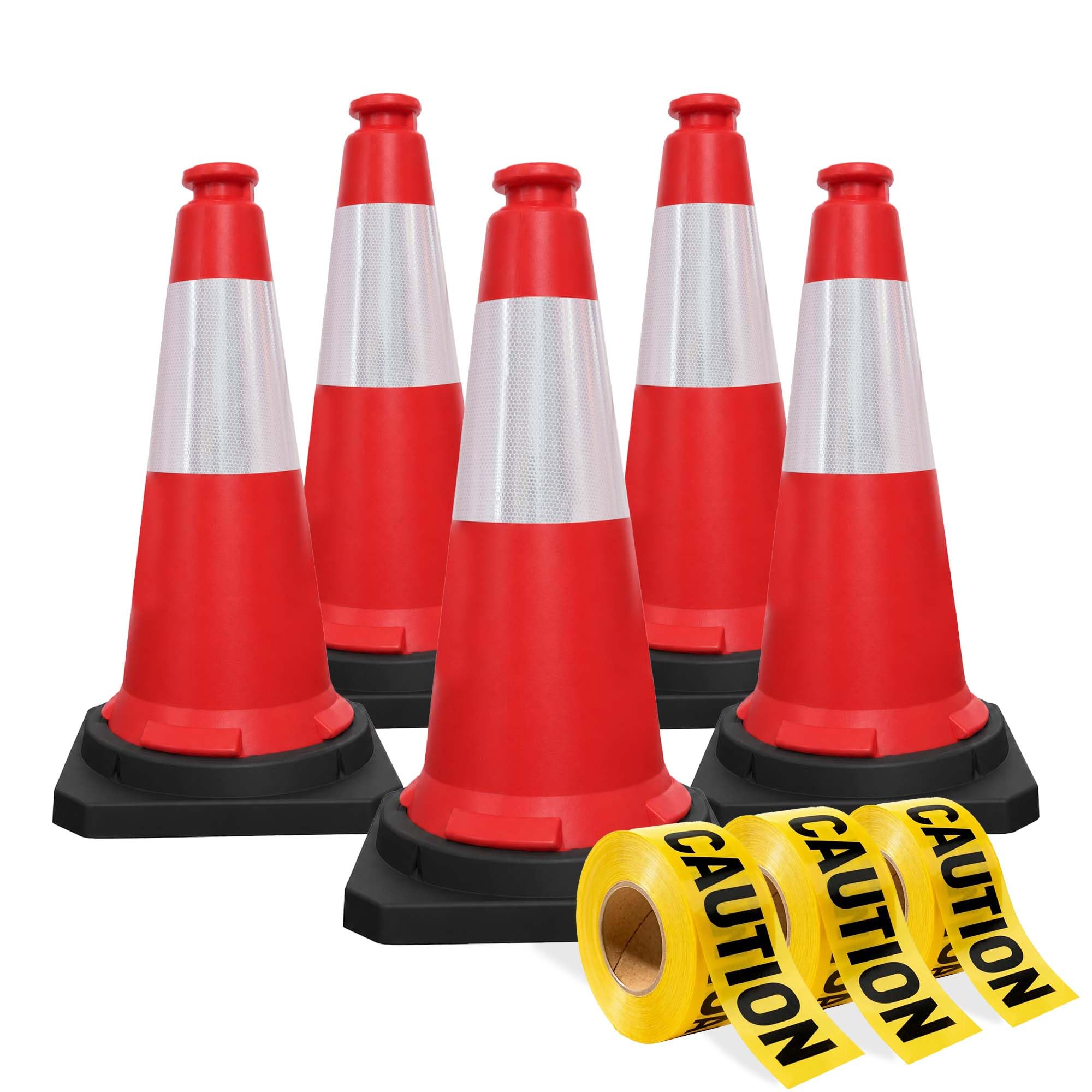 75CM Traffic Cones with 2โ x 50 meter Caution Tape, High Visibility Safety Cone with Reflective and PVC Black Base, 30 Inch PE Portable Road Cones for Street, Wind Resistant Traffic Cone (Set of 5)