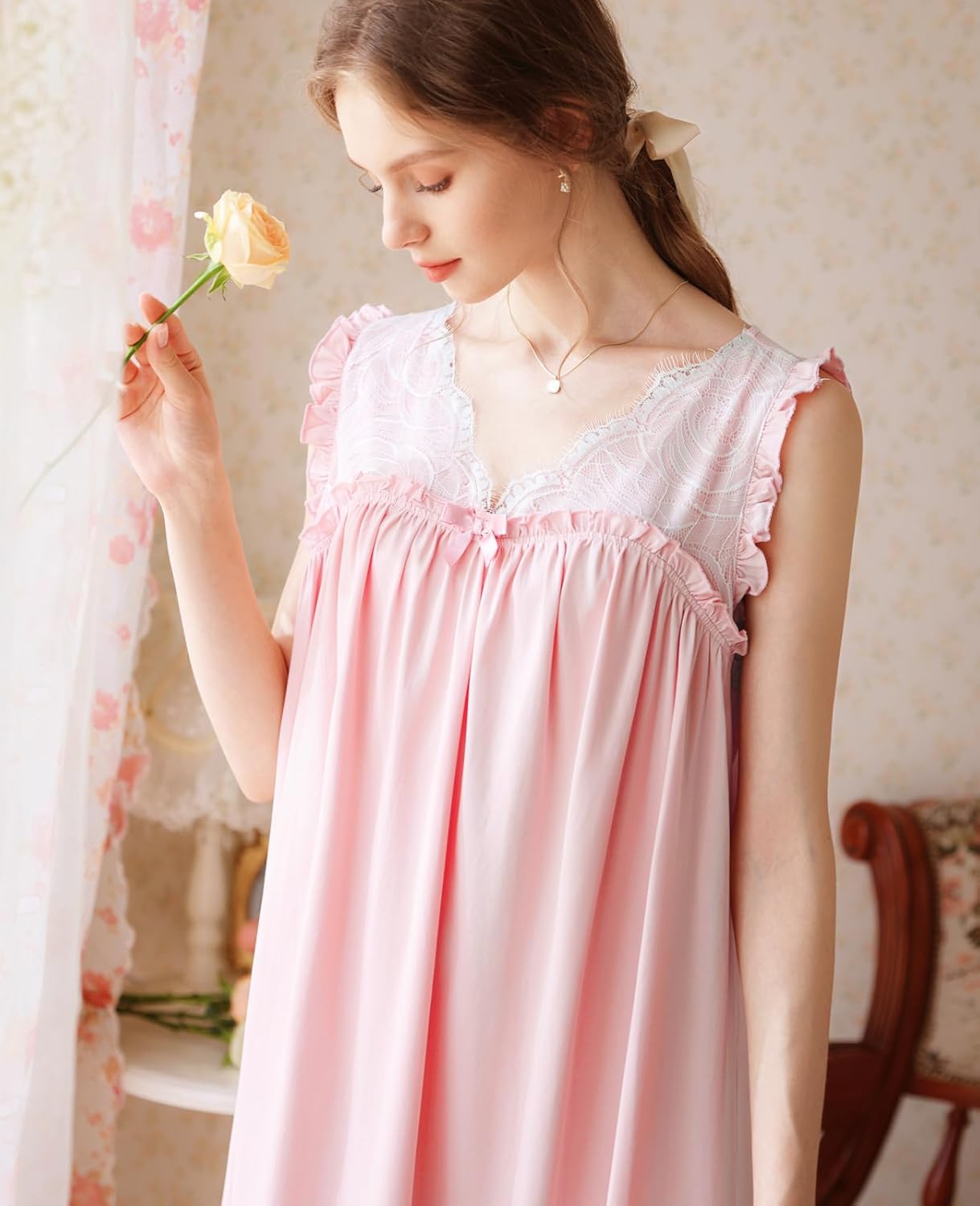 Nanxson Women's Knitted Cotton Nightgown Sleepwear Sleeveless Sleep Dress V Neck Lace Nightwear Victorian Loungewear - Image 6