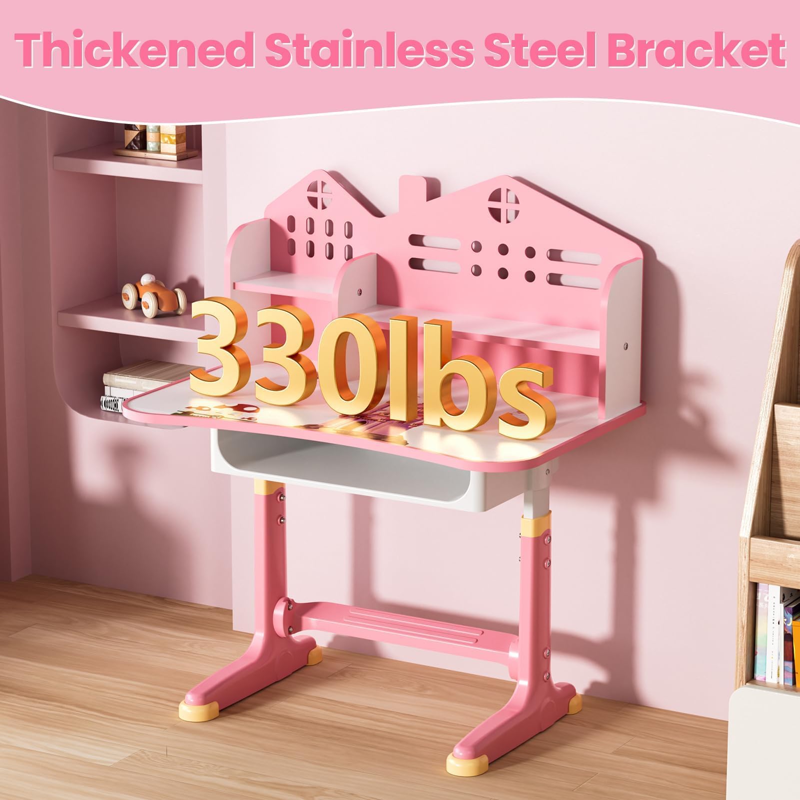 Tuelaly Ensemble bureau et chaise pour enfants, réglable en hauteur avec tiroir de rangement spacieux, pour éviter la myopie dorée, école, maison et études (rose A)