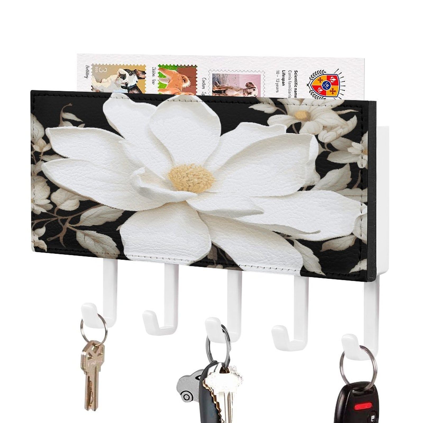 LDGSUPH White Floral Key Holder Wall Mount Key Hanger with 5 Hooks Fashion Key Organizer Rack Hanging Key Hooks with Mail Organizer Key Rack for Home Entryway Hallway White-Style
