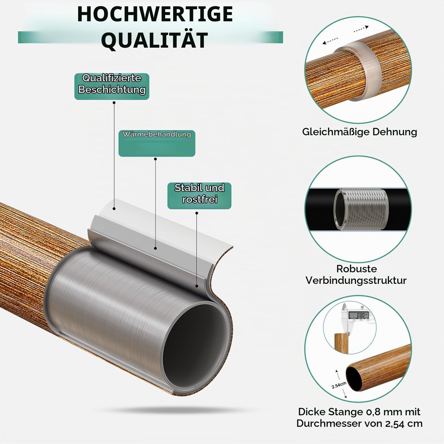 Gardinenstange Holzoptik 80-365cm Ausziehbar Metall Boho Stil | Ø25mm Wand Vorhangstange 15kg Schwerlast für Wohnzimmer Schlafzimmer Fenster Terrasse Dunkle Holzmaserung Vintage Landhaus