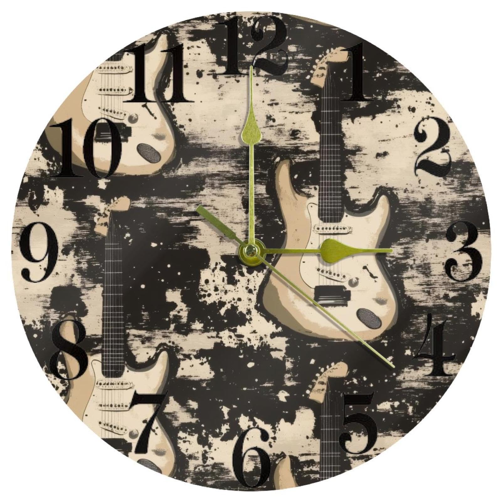 Horloge murale guitare musicale ronde et silencieuse à quartz pour la décoration de maison