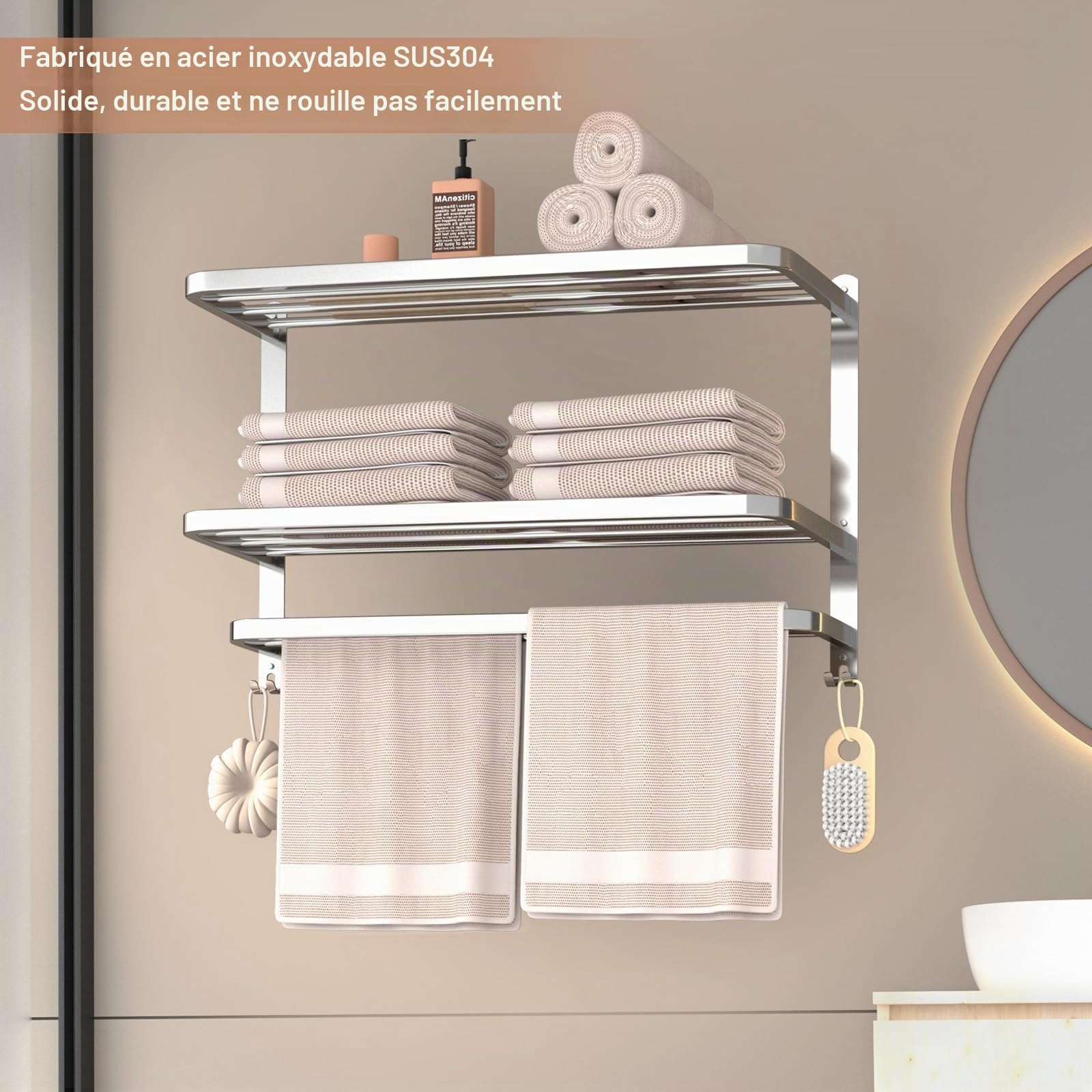 Porte-serviettes à 3 niveaux pour salle de bain en acier inoxydable, support mural finition brossée avec étagère multicouche