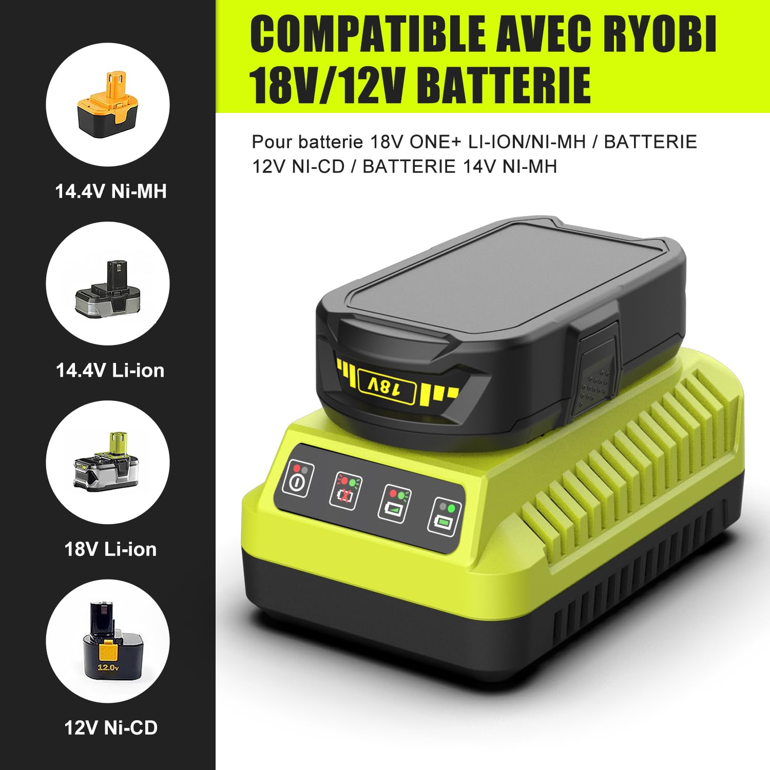 P117 Chargeur de Rechange pour Ryobi P118 12V-18V | Compatible avec Ryobi One+, P108 P107 P104 P105 P102 P103