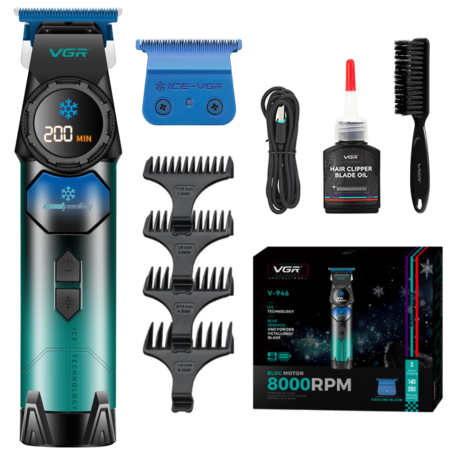 VGR 946 Haarschneidemaschine Profi für Männer, Kabelloser Trimmer Herren | Klinge Aus Blauem Keramikpulvermetallurgisch und Kühlfunktion, Haartrimmer Herren mit 8000 U/Min Motor und LED Display
