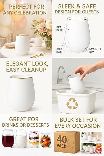 Miniatura 9 de 40 vasos de plástico irrompibles para vino, champán, whisky, elegantes, duraderos, desechables, para interiores y exteriores, ideal para el hogar,