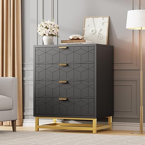 GAOMON Black Dresser, 4 Drawer Dresser for Bedroom, Wood Chest of Drawers, Modern Dressers with Gold Metal Handles for Living Room, Hallway, Entryway