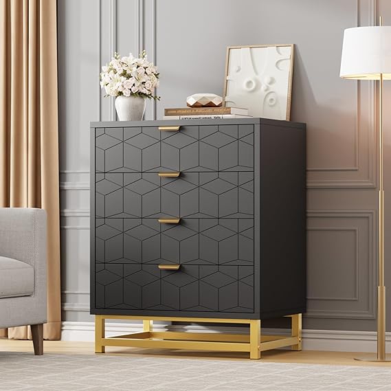 GAOMON Black Dresser, 4 Drawer Dresser for Bedroom, Wood Chest of Drawers, Modern Dressers with Gold Metal Handles for Living Room, Hallway, Entryway
