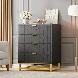 GAOMON Black Dresser, 4 Drawer Dresser for Bedroom, Wood Chest of Drawers, Modern Dressers with Gold Metal Handles for Living Room, Hallway, Entryway