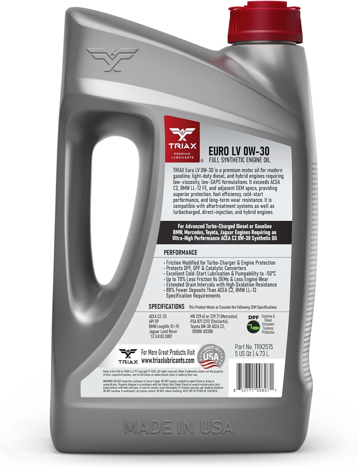 TRIAX Euro LV 0W-30 | ACEA C2 Full Synthetic European Car Engine Oil | 15K Miles | Compatible with Late Generation BMW, Mercedes Benz, and More (5 Quart)