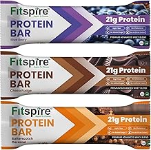 Fitspire Protein Bar Assorted Pack Of 3 x 60g (21g Protein Per Bar) | Choco Fudge, Butterscotch Caramel & Blueberry Flavour | High Fiber, Guilt-Free Snack for Energy, Muscle Recovery & Active Lifestyles