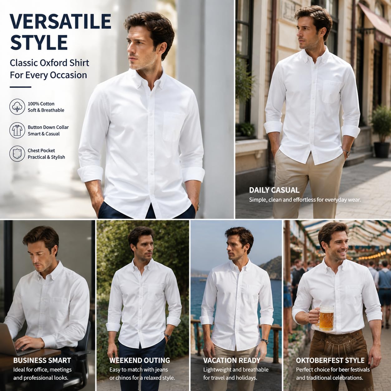 Generico Camicia Oxford da Uomo in Cotone, vestibilità Slim, Elegante, Casual, con Taschino sul Petto, Maniche Lunghe, Ideale per L'Autunno E L'Oktoberfest, Perfetta per L'Uso Quotidiano.