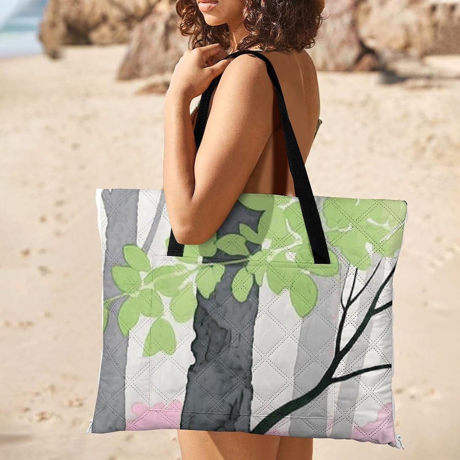 Gray Black Pink Green Picnic Blanket with Zipper Water Resistant Sand Free Picnic Mat Washable Foldable Easy Carry Beach Blanket for Lawn Beach Hiking Camping