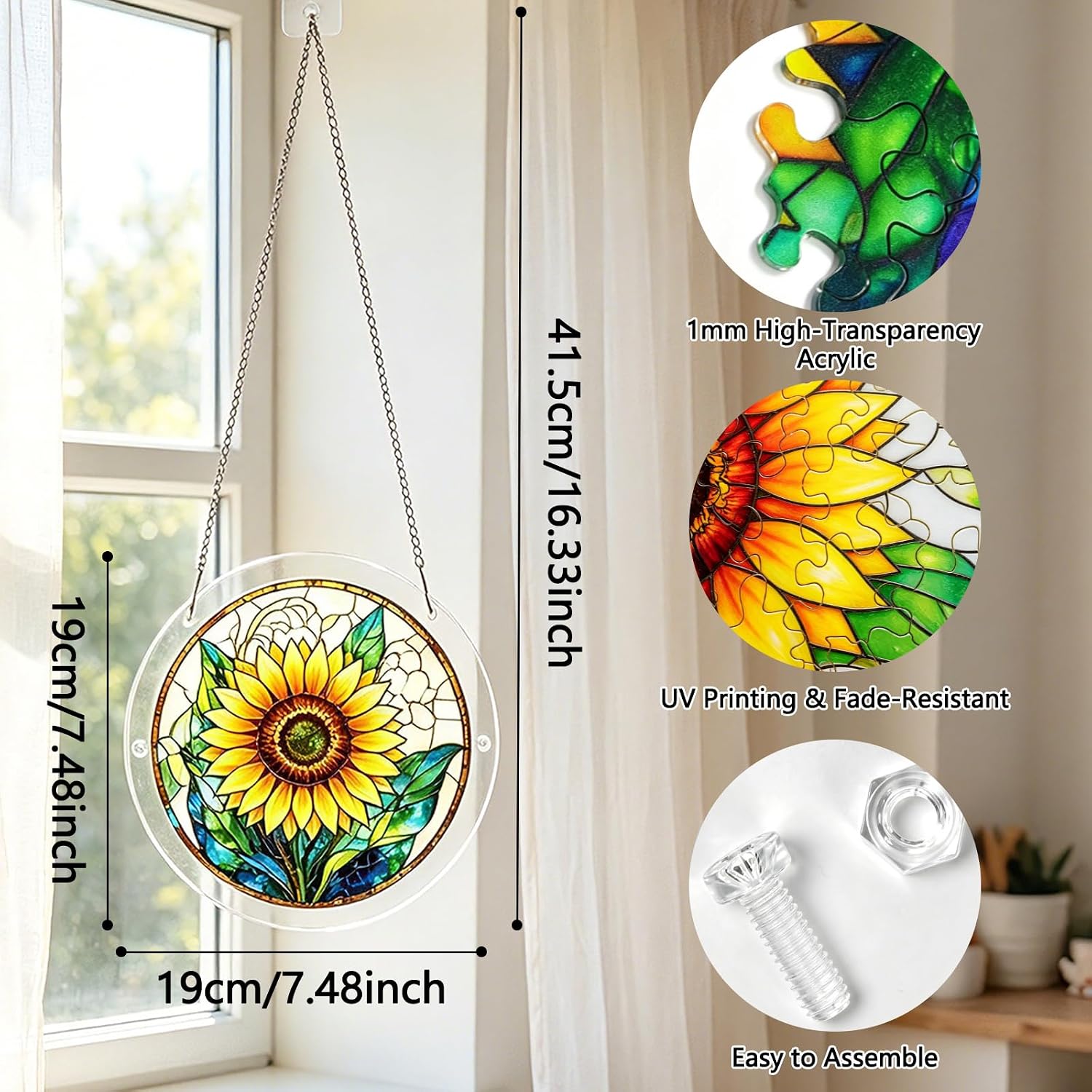 Acrylic Jigsaw Puzzle Suncatcher, Stained Glass Style Sunflower-7.4 inch image 3