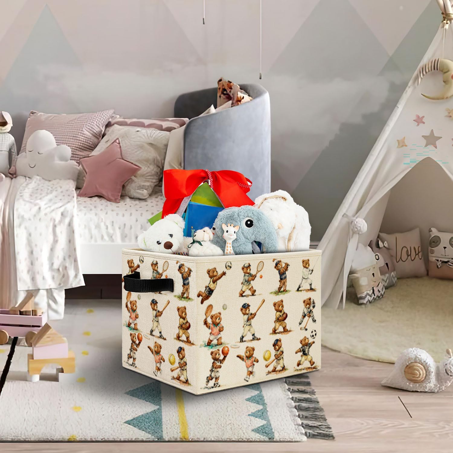Sports Bear Nursery Storage Bins, Vintage Bears Playing Balls Collapsible Storage Basket Organizer for Kids Sports Room Nursery Bathroom Clothes Toys Books, Toybox for Boys