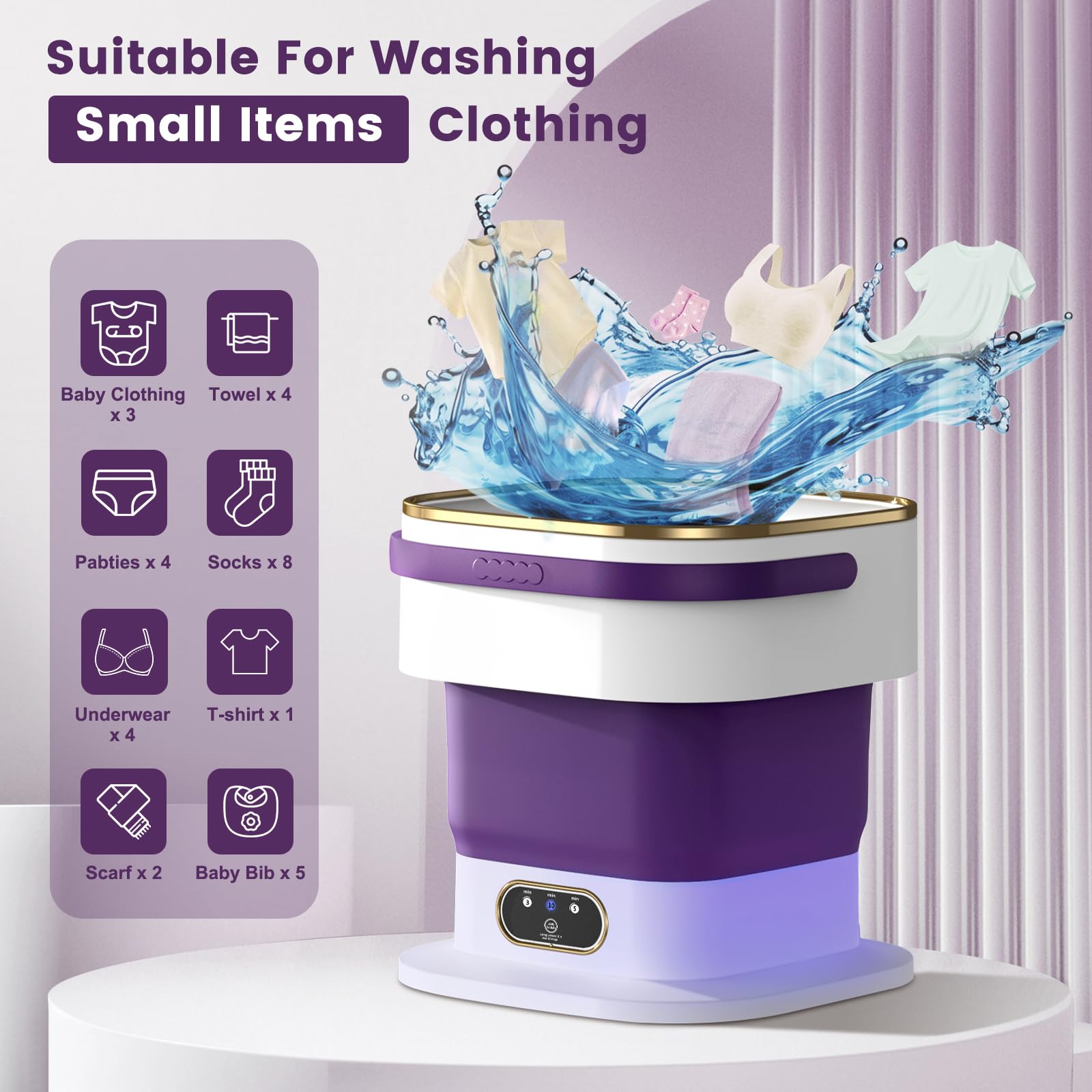 lavatrice portatile, mini lavatrice potenziata da 15 litri, 3 programmi di lavaggio con centrifuga, pulisce a fondo i piccoli indumenti, pieghevole, ideale per appartamenti, case e campeggi. (viola)
