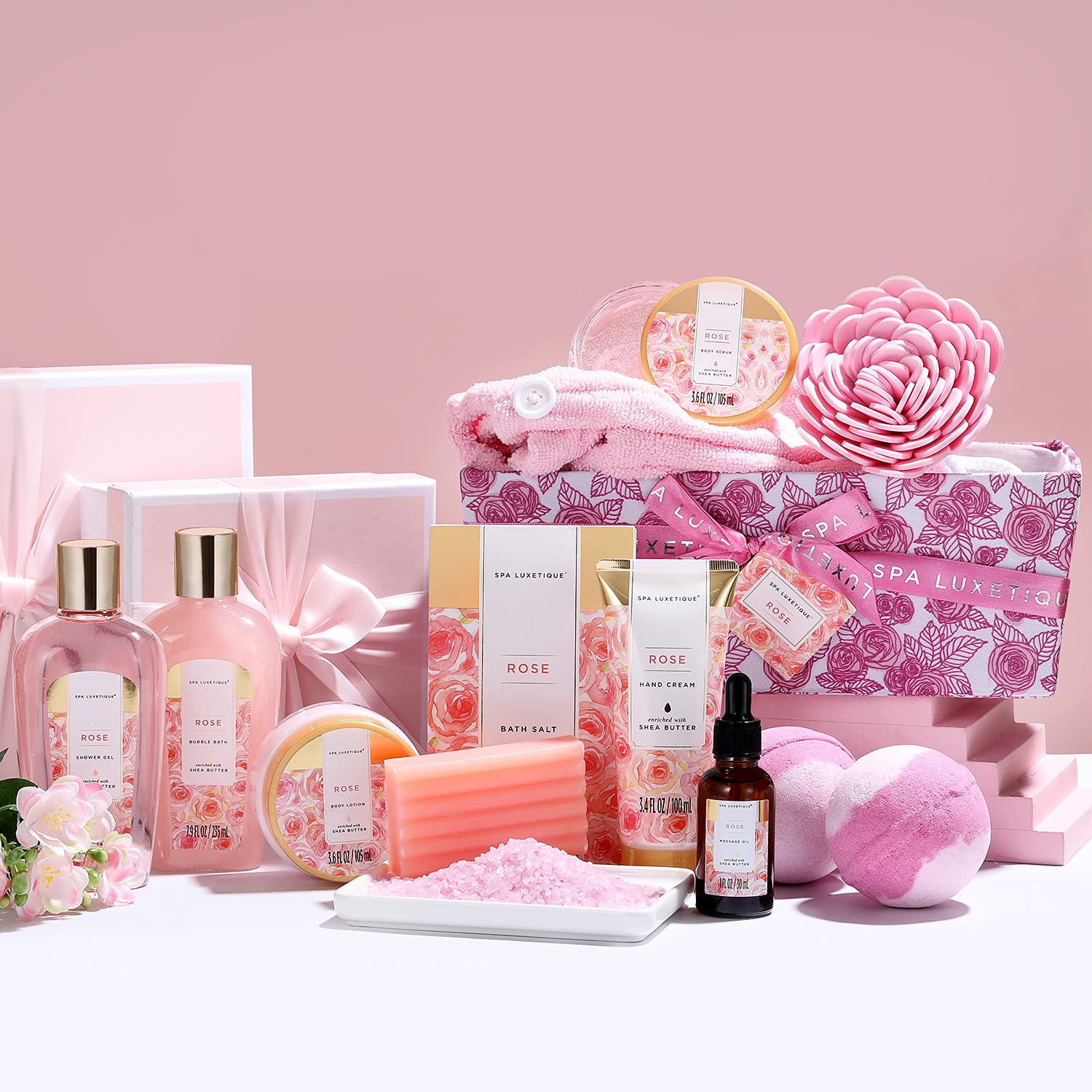 Spa Luxetique Spa Gift Baskets for Women, 12 Pcs Rose Presents Set with Bubble Bath, Bath Bombs, Body Lotion, Hand Cream, Christmas Gift Basket for Mom