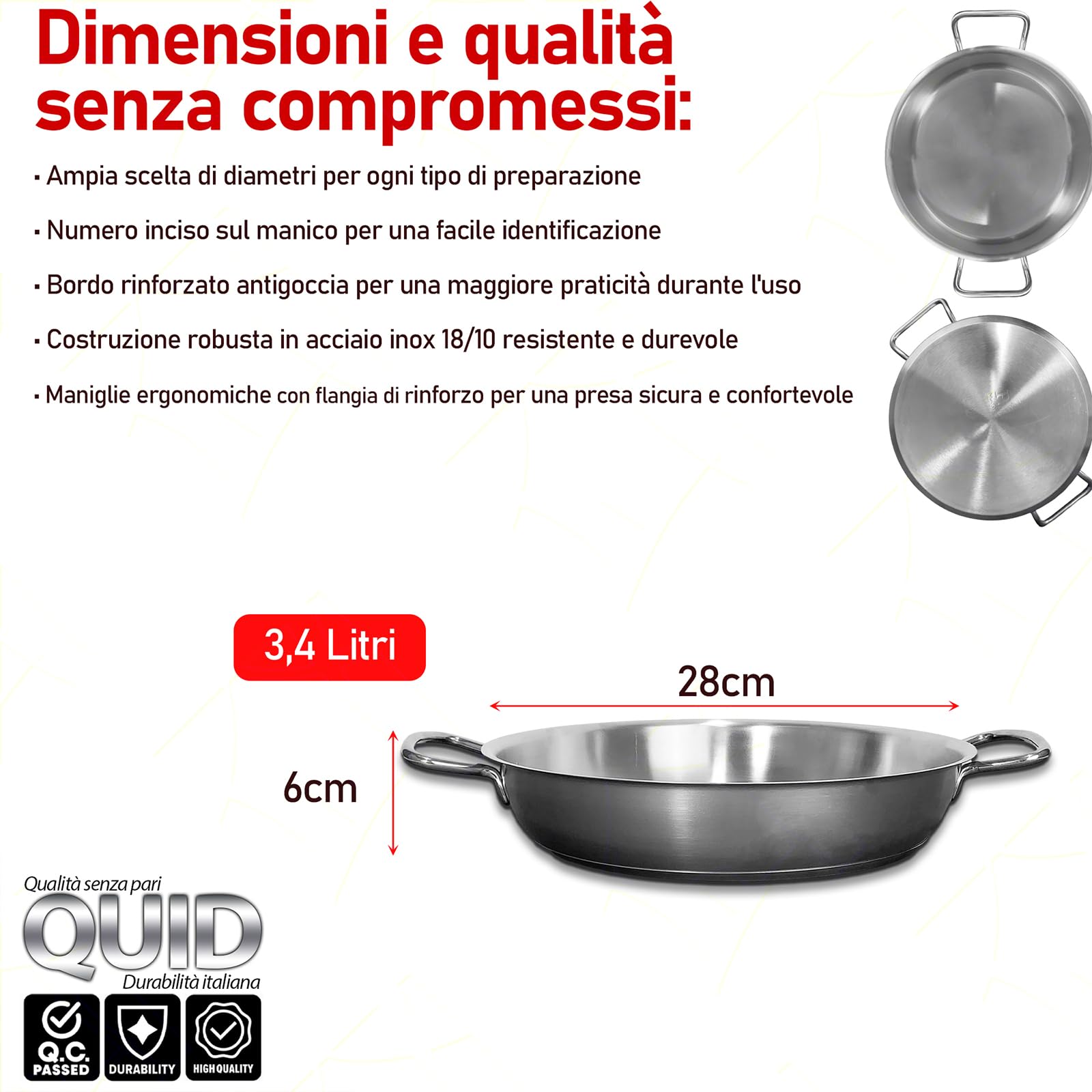 Sicignano | Tegame Ø28 cm, Acciaio Inox 18/10 con Triplo Fondo, per Gas Elettrico Induzione Vetroceramica, Linea Master – Made in Italy – per Ristorazione e Uso Domestico