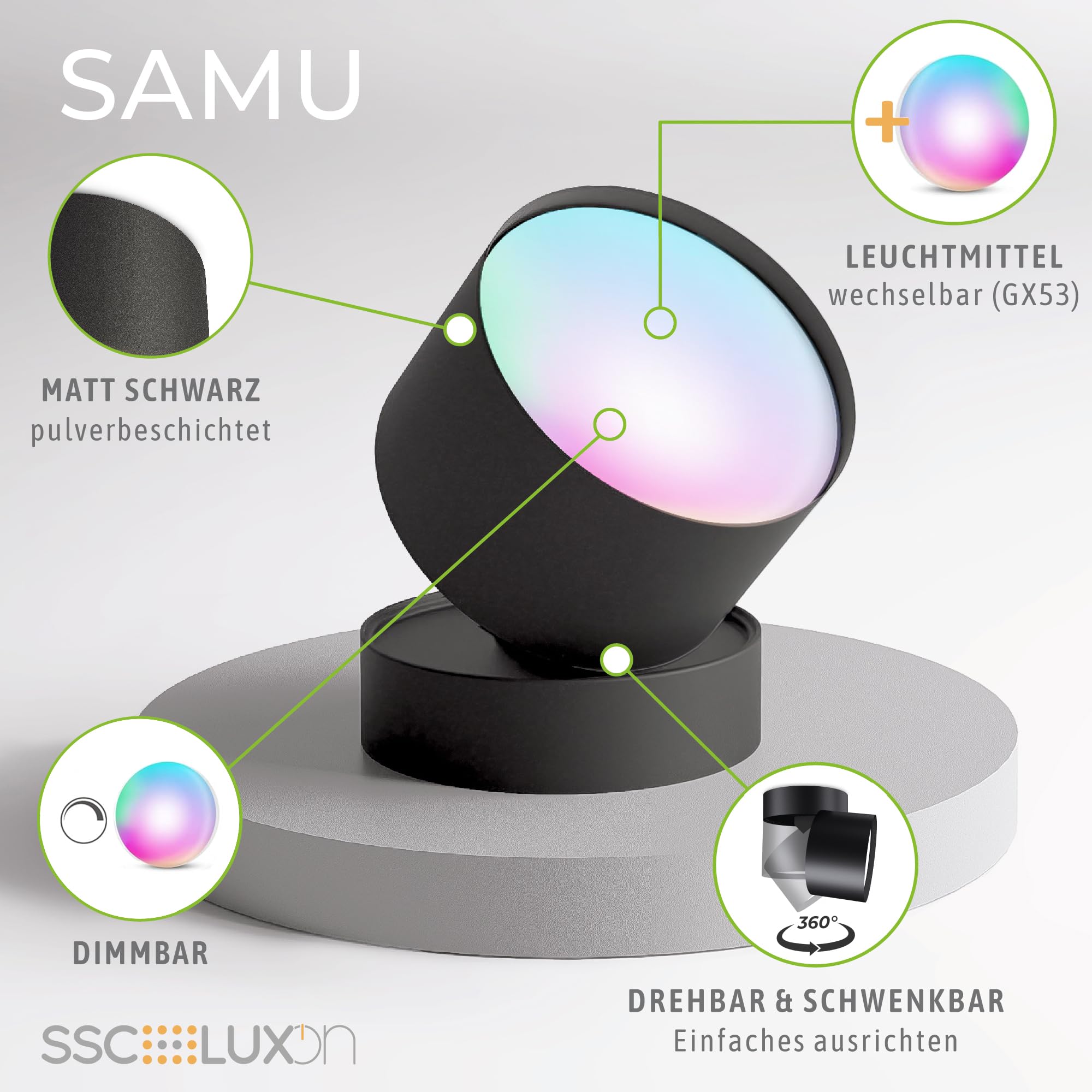 SSC-LUXon 4er Set SAMU Decken Aufbauspot schwarz schwenkbar - mit 4 Smart GX53 LED 6W RGB CCT WLAN - kompatibel mit Alexa, Siri & Google