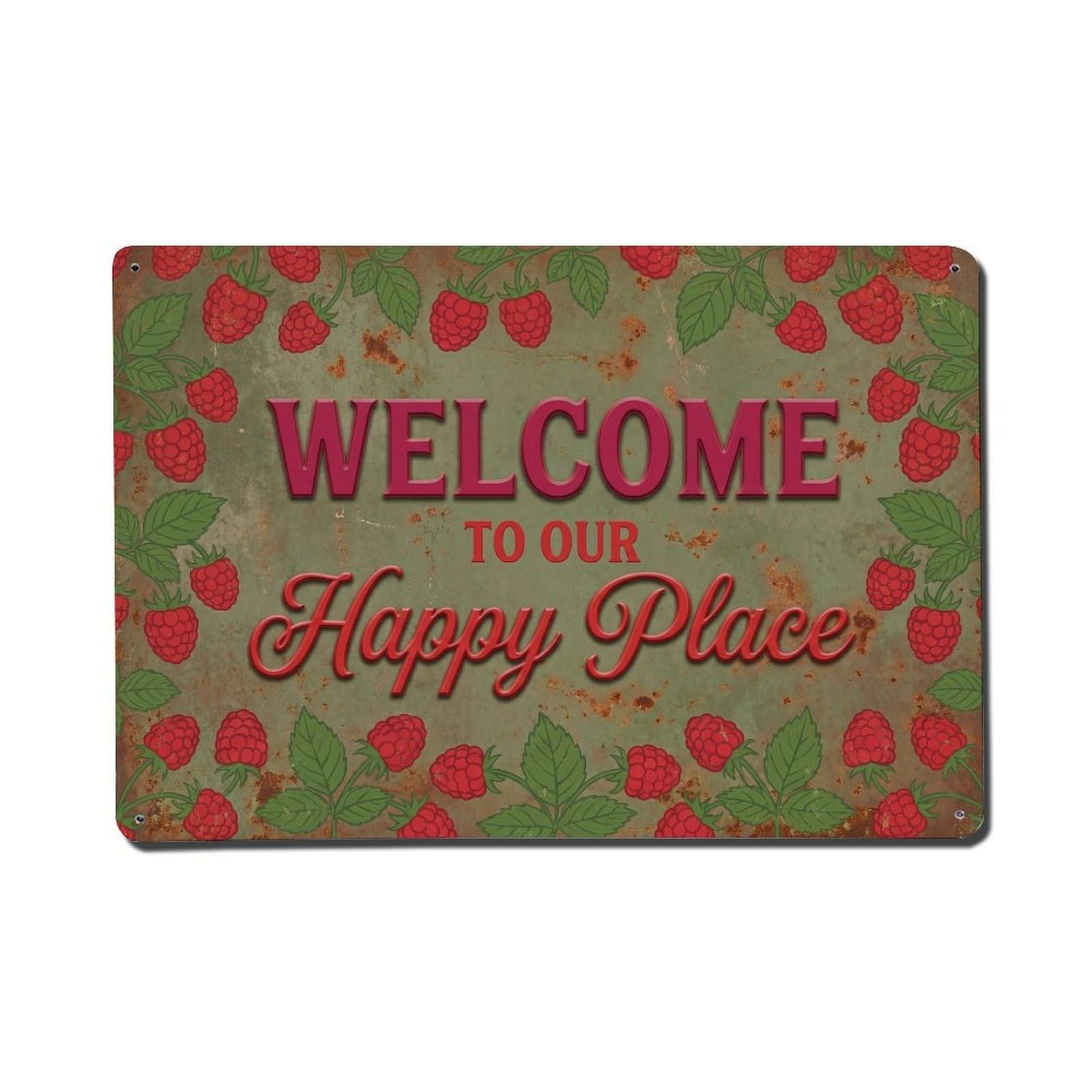 Okngb Style Raspberry Red Welcome Happy Place Rustic Entry Frame Metal Tin Sign Plaque Wall Decor For Cafe, Man Cave, Club Bar, Office, Home Garden Round Metal Poster 8X12inch