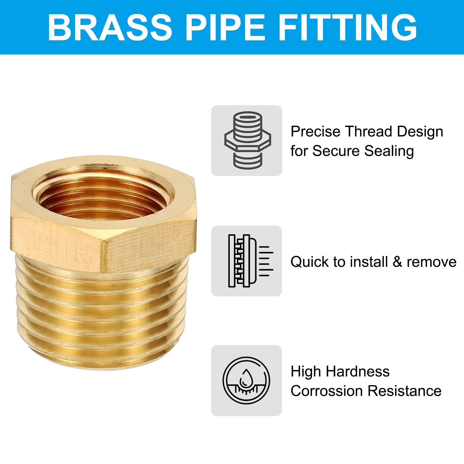 Brass Reducer Bushing - NPT 1/2 Male To 3/8 Female Thread Adapter 2-Pack