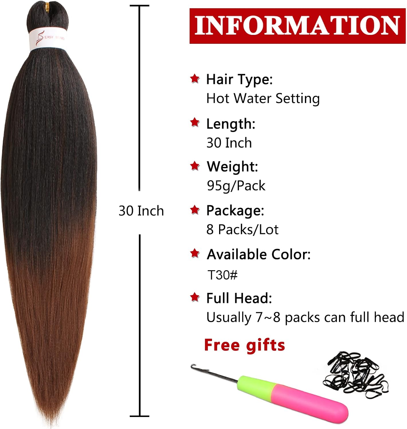 Xtrend 8 Packs 30 Inch Ombre Brown EZ Braiding Hair Extensions Long Pre Stretched for Box Braids Yaki Straight Kanekalon Fiber Pre Stretched Crochet Braiding Hair Extension T30# - Image 3
