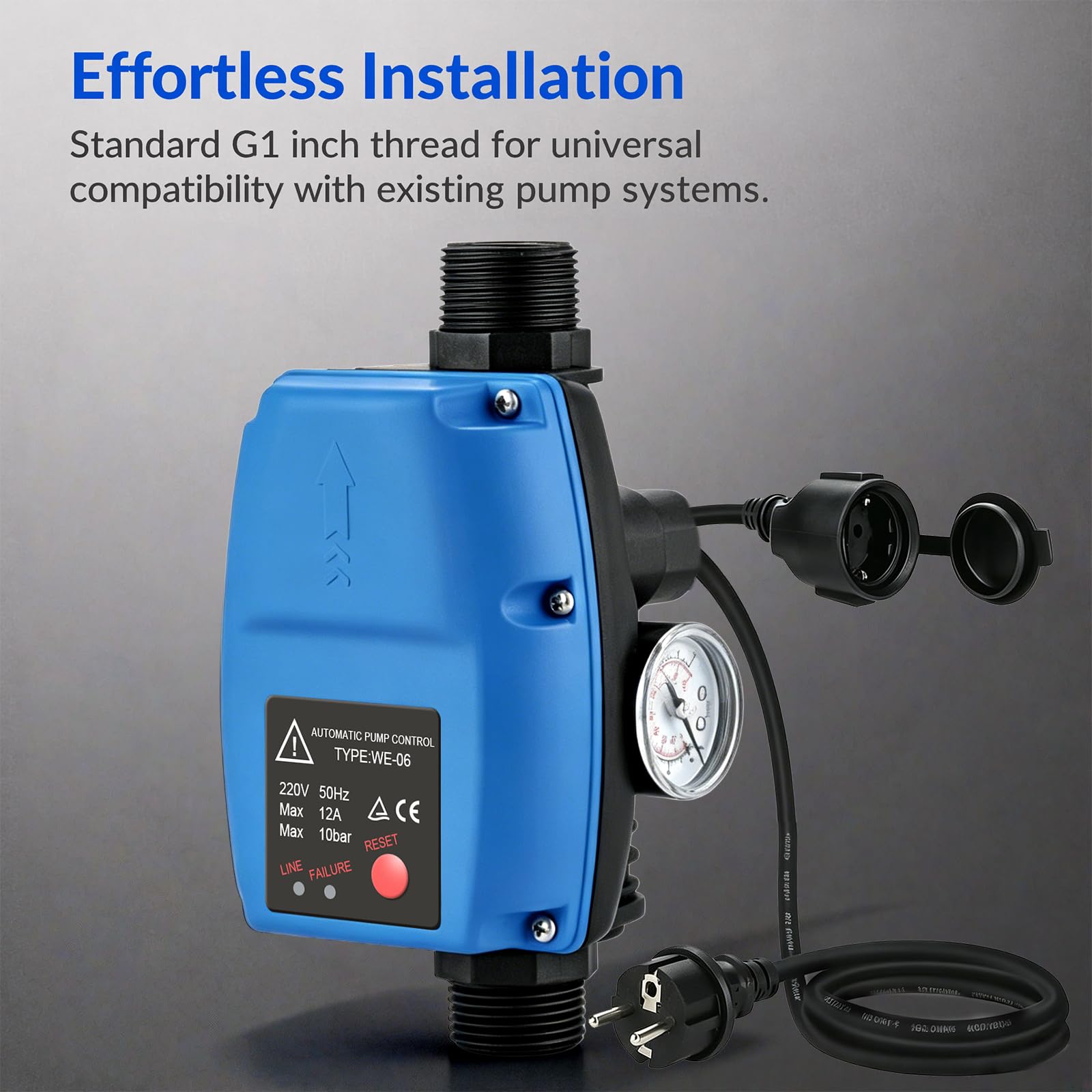 Pumpensteuerung Druckschalter mit Manometer - Druckschalter Wasserpumpe, Automatischer Pumpendruckregler, Druckwächter Druckschalter 10 bar Durchflusswächter für Hauswasserwerk Kreiselpumpe Gartenpump