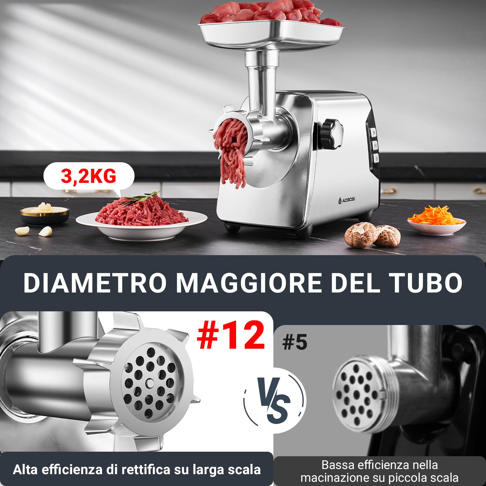 AAOBOSI #12 Tritacarne, [3000W Max], tritacarne elettrico a 3 velocità per uso intensivo: 2 lame, 4 piastre, 3 riempitori per salsicce, kit per Kibbe, pinza per carne, pressa per hamburger, Argento