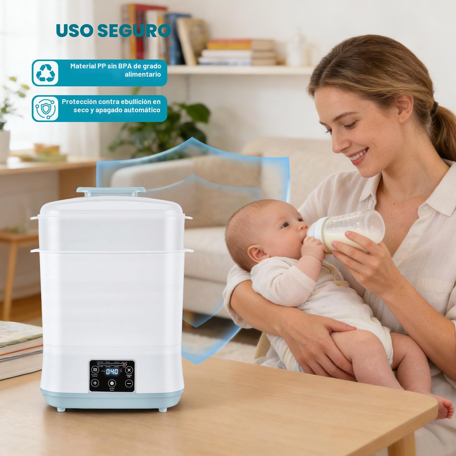 Esterilizador de vapor 5 en 1 con función de secado: esterilizador y secadora para 6 biberones, con calor de leche (35-55 °C), calentamiento de alimentos y juego completo de accesorios, ahorra espacio