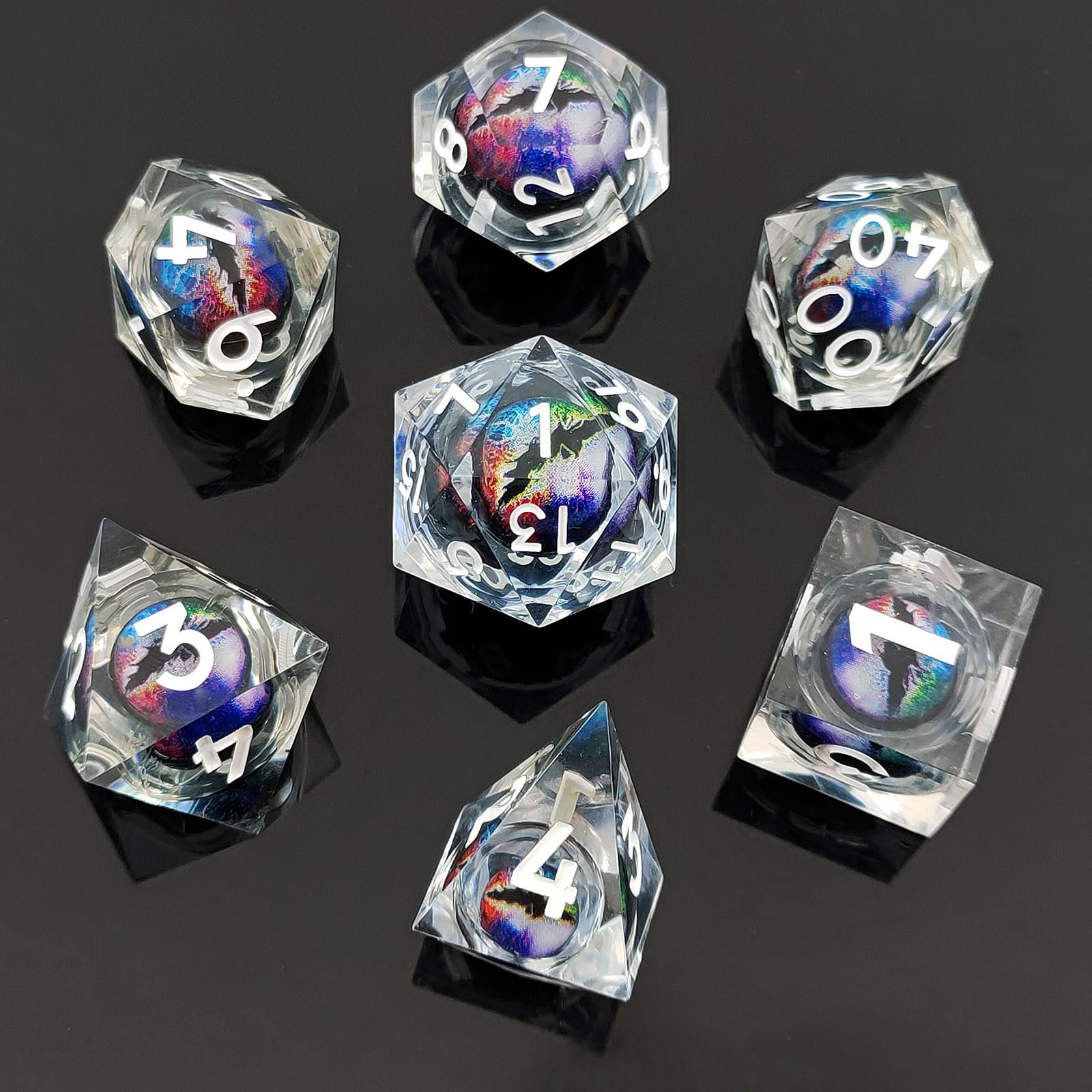 ORUZA 7 PCS Dragon Eye Dice Liquid Core DND Dice Resin Sharp Edge Dice Polyhedral D&D Dice Set for Dungeons and Dragons Role Playing Dice Set D20 D12 D10 D8 D6 D4