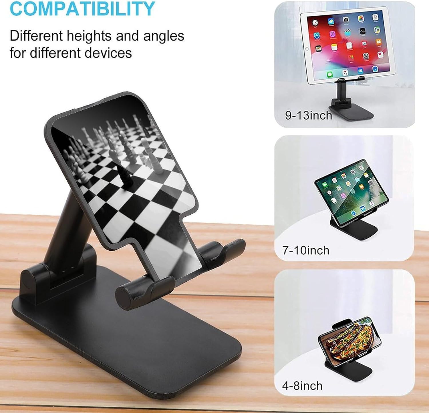 Black White Chess Checkerboard Folding Cell Phone Stand for Desk image 3