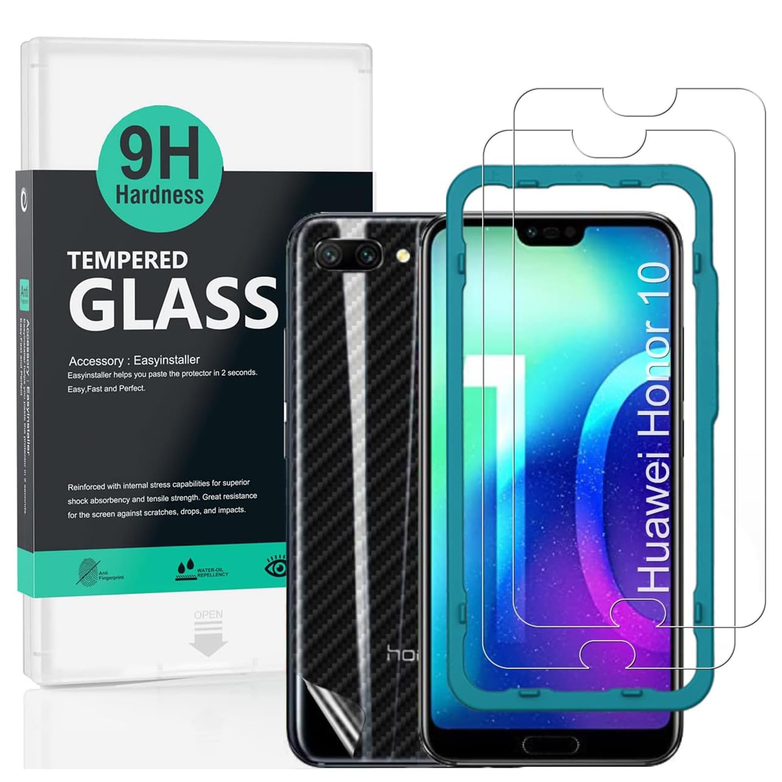 Ibywind Screen Protector for Honor 10 2 Pack+1 Back Film,9H Tempered Glass,HD Clear,Scratch Resistant,Bubble Free,Easy Install,Fingerprint Compatible