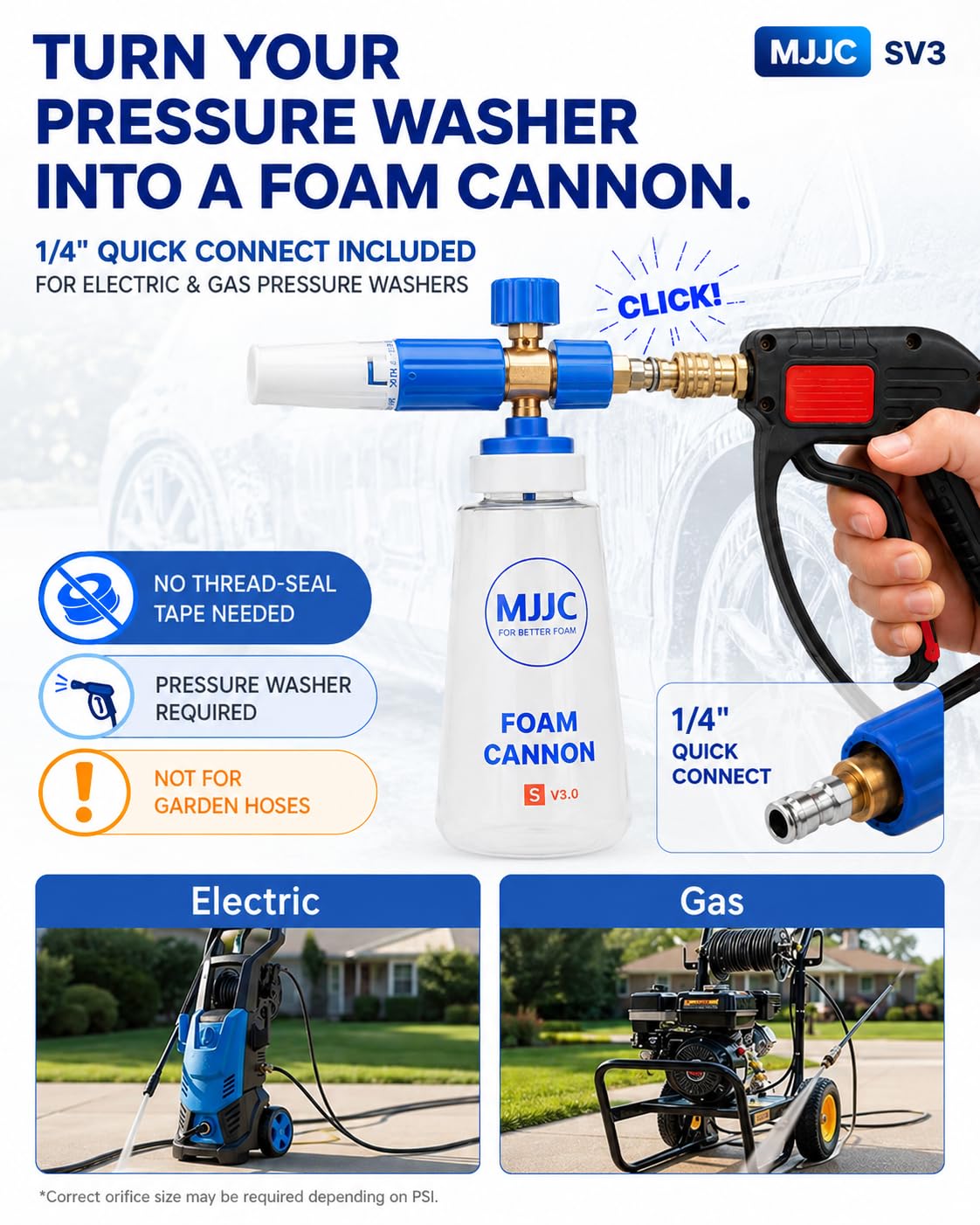 MJJC Canon à Mousse S V3.0 (Technologie de Mousse de Neige Plus épaisse) avec connecteur Rapide de 6,35 mm pour Nettoyeur Haute Pression, Bouteille de 963,9 g (V3.0 (connecteur Rapide de 6,35 mm) +