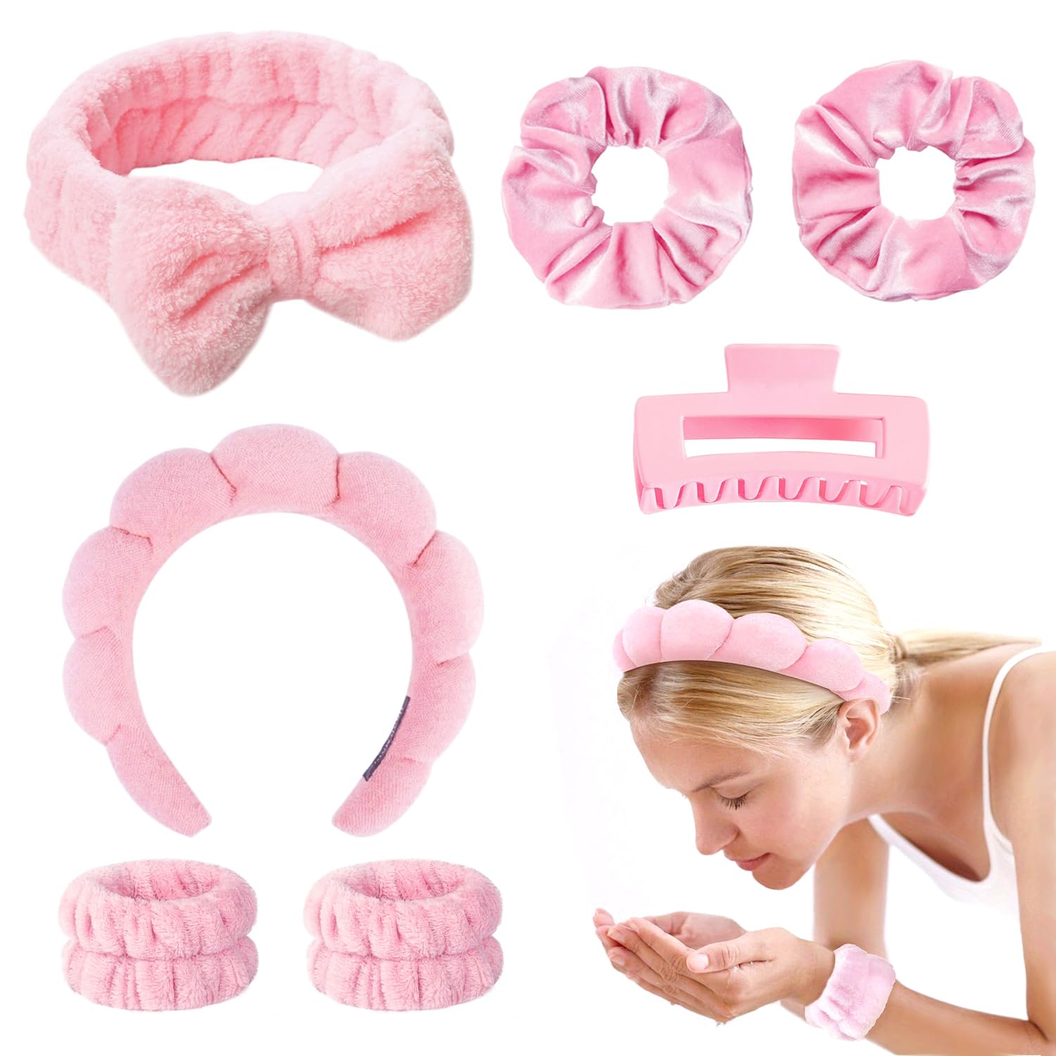 Spove 7pcs Skincare Headband Set, Spa headband and wristband for women Hair Scrunchies, Makeup Wristbands, Hairpin