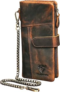 Genuine Crazy Horse Leather Travel Gift Coin Pocket Card Case Long Organizer Chain Rfid Wallet Purse With Snap For Men Male 1803 1815 (1803B-Brown)