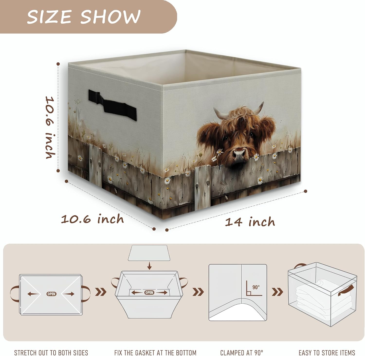 Rustic Highland Cow Gifts Decor Foldable Storage Bins Box with Handles, Farmhouse Countryside Wooden Fence Cute Fluffy Cow Collapsible Organizer Basket for Bedroom Bathroom Clothes Toys Books
