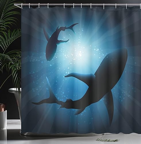 Miniatura 3 de Ambesonne Cortina de ducha con diseño de tiburón, silueta de los peces nadando al crepúsculo, noche, luna, paisaje de mar místico, juego de